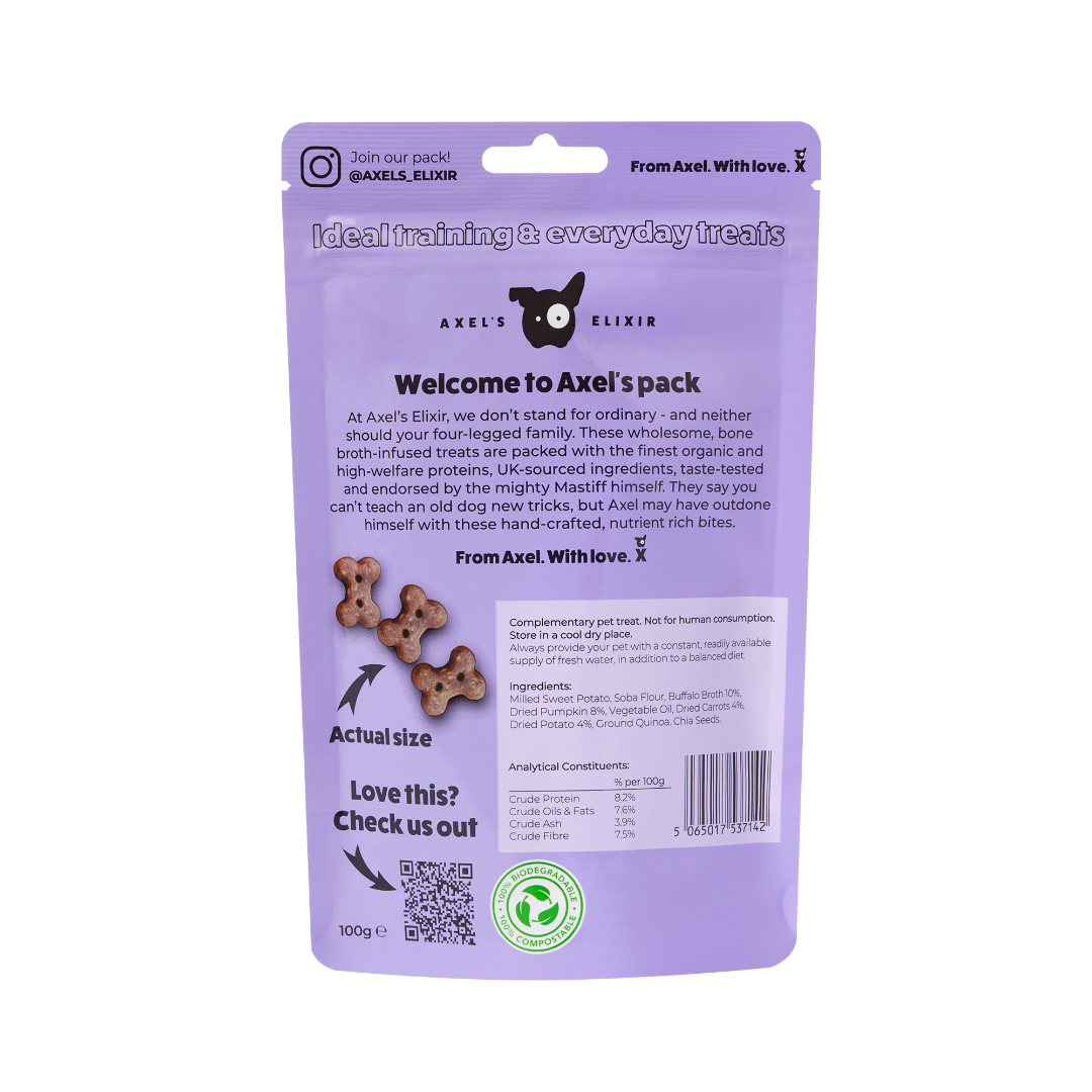 Purple packaging of Axel's Elixir pet treats with text and a QR code on a white background