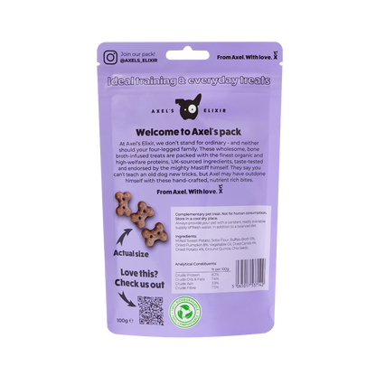 Purple packaging of Axel's Elixir pet treats with text and a QR code on a white background