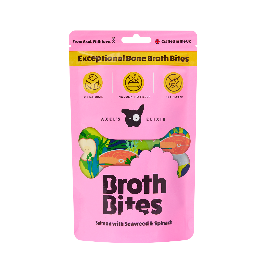 Pink package of Axel's Exceptional Bone Broth Bites on a white background