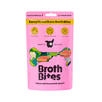 Pink package of Axel's Exceptional Bone Broth Bites on a white background