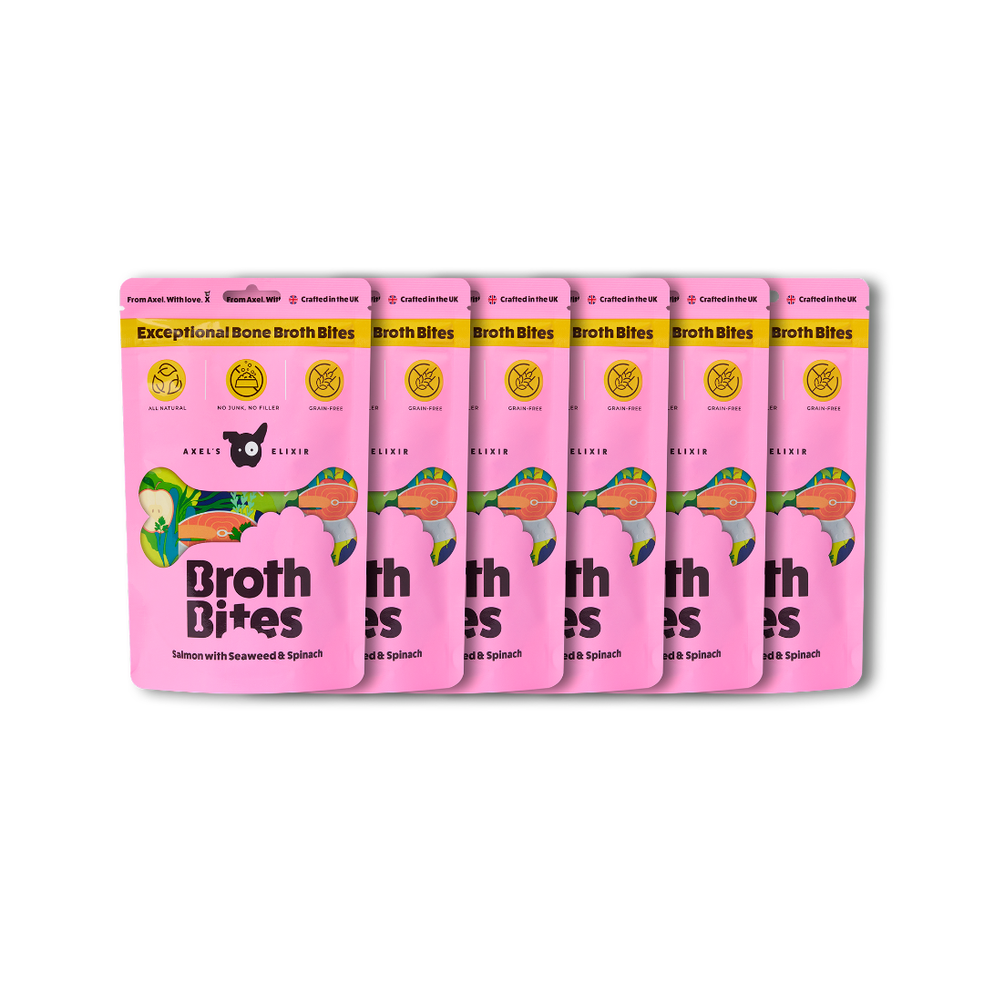 Row of pink 'Broth Bites' packages on a white background