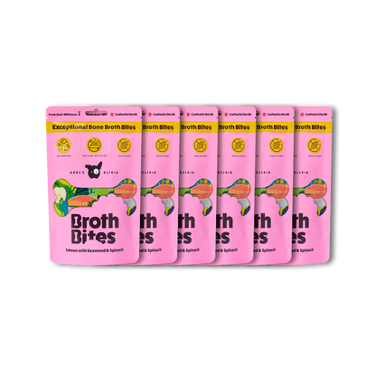 Row of pink 'Broth Bites' packages on a white background