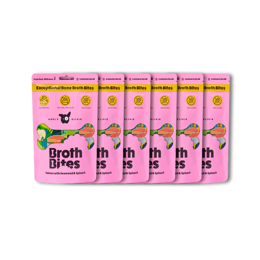 Row of pink 'Broth Bites' packages on a white background