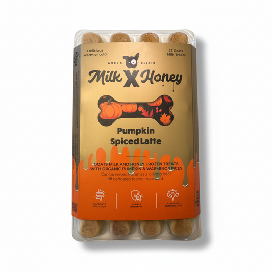 Pack of 'Milk X Honey' Pumpkin Spiced Latte dog treats on a white background